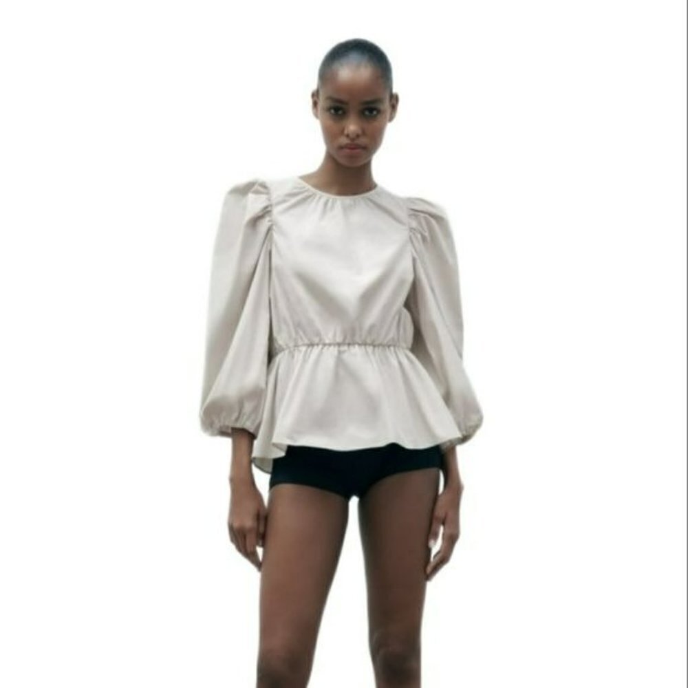 ZARA TOP WITH PUFF SLEEVES Grey / Beige m | 3136/545